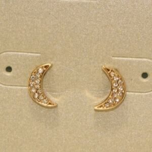 Anthropologie Lydell NYC Dainty Stud Earrings Moon Paved Gold Faux Crystal New w